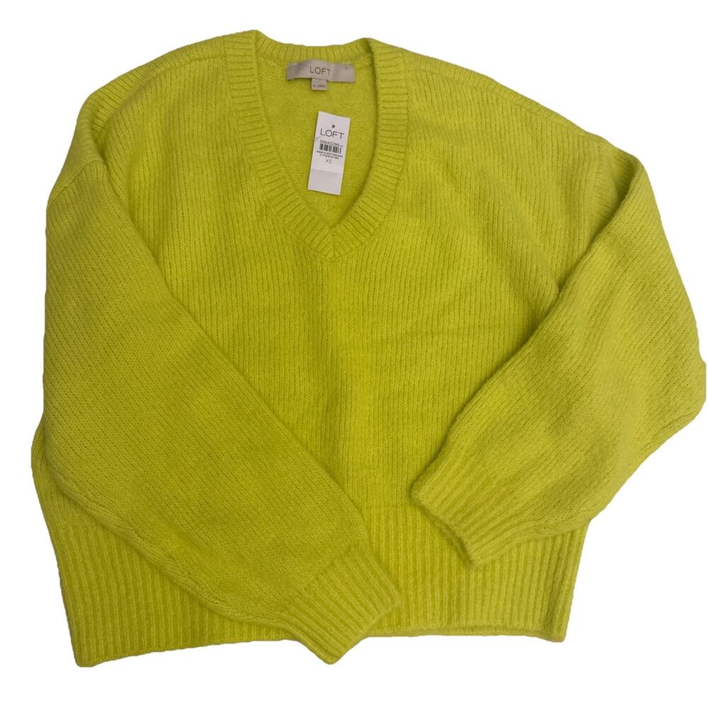 NWT LOFT Chartreuse 2-Pc Set XS Ribtrim V-Neck Sweater & Satin Bias Maxi Skirt